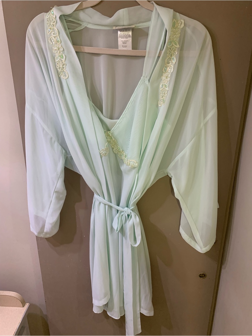 Expressions Sheer Mint Green Lace-Trim Robe